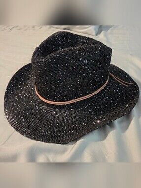 Black Sequin Cowgirl Hat Tan Band - Women Accessories